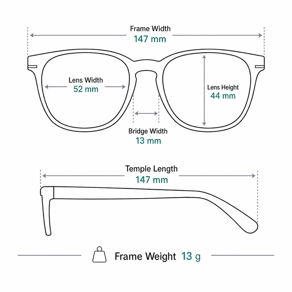 Unisex ultra-light TR90 square frame measurement guide: 147 mm frame, 52 mm lens and 13 g weight