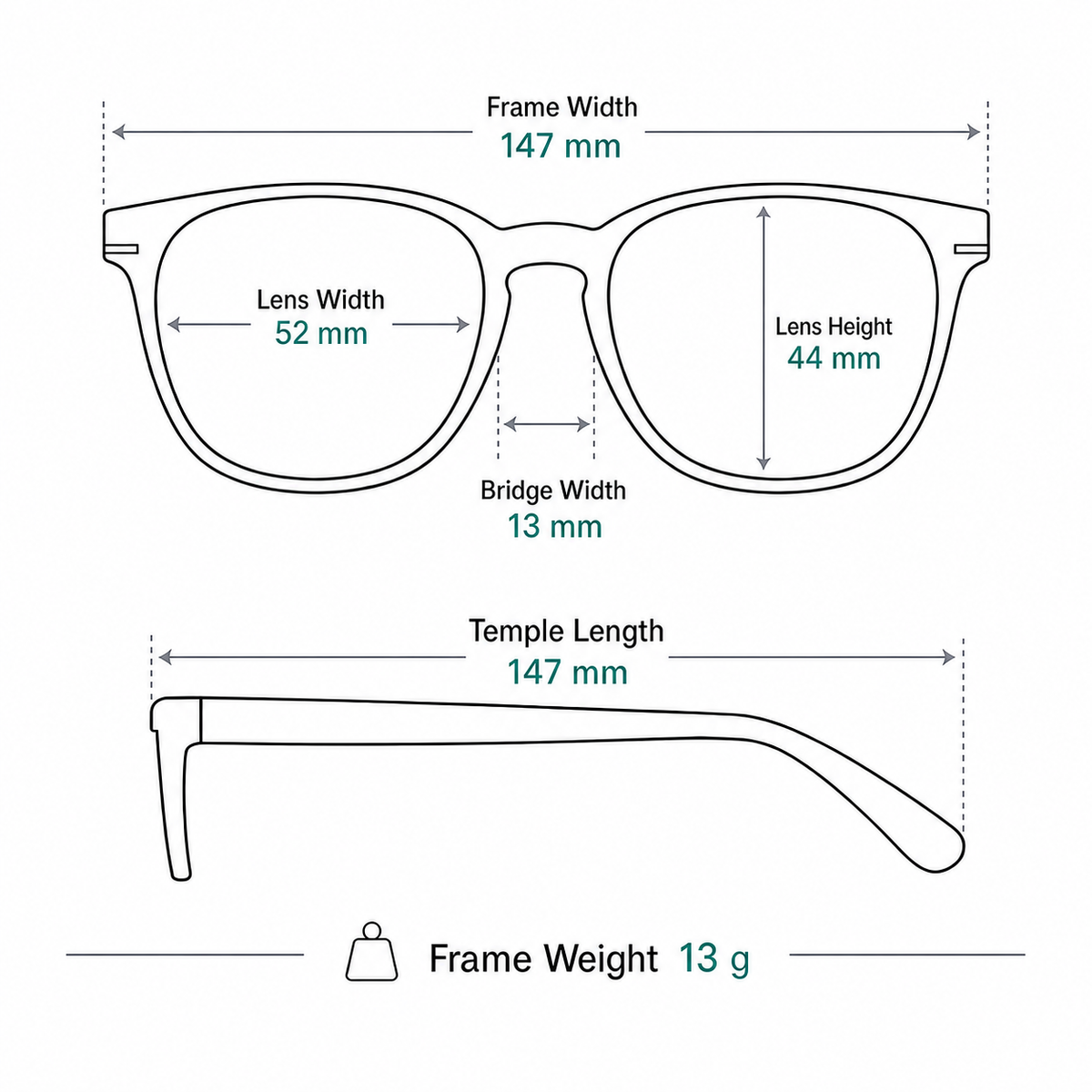 Unisex ultra-light TR90 square frame measurement guide: 147 mm frame, 52 mm lens and 13 g weight