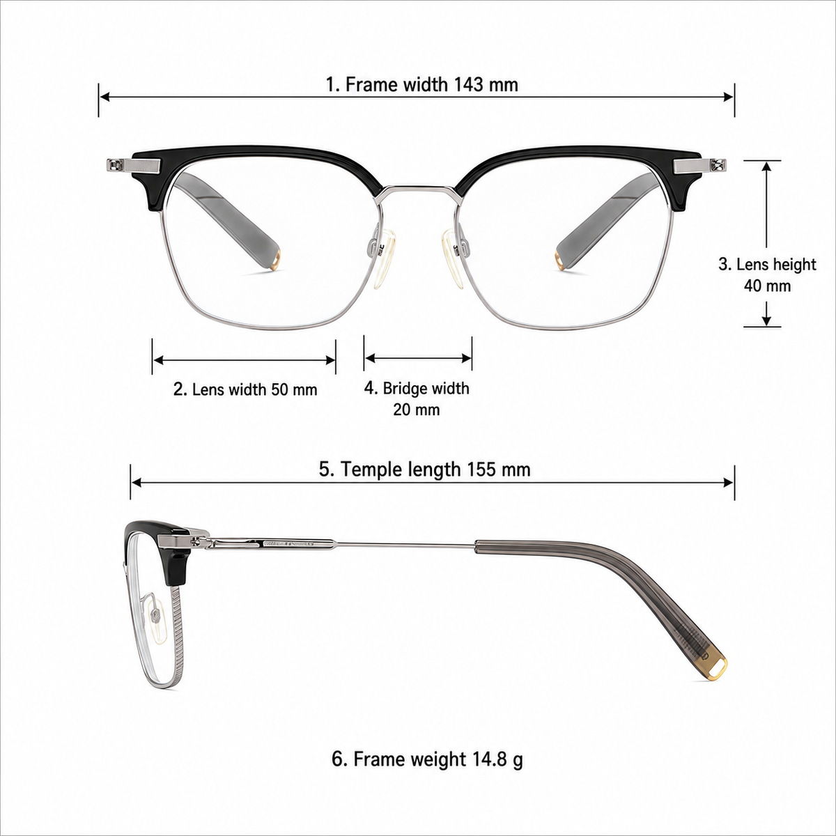 Unisex vintage titanium semi-rimless frame measurement guide: 143 mm frame, 50 mm lens and 14.8 g weight