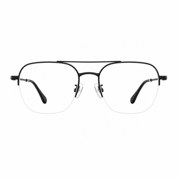 Black unisex pure titanium double-bridge semi-rimless glasses, front product view