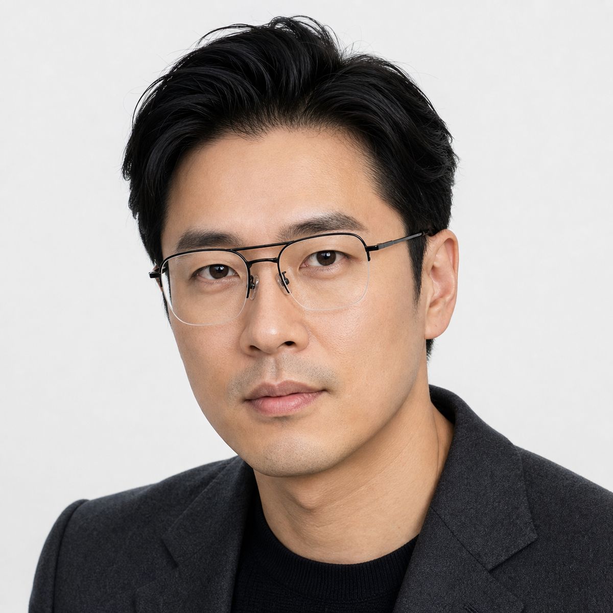Black unisex pure titanium double-bridge semi-rimless glasses, worn by an adult East Asian man