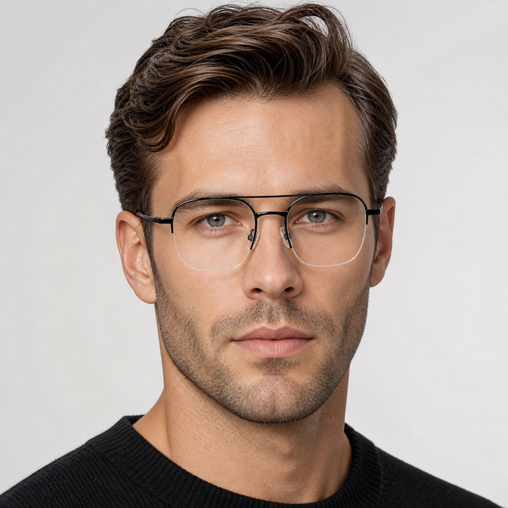 Black unisex pure titanium double-bridge semi-rimless glasses, worn by an adult White man