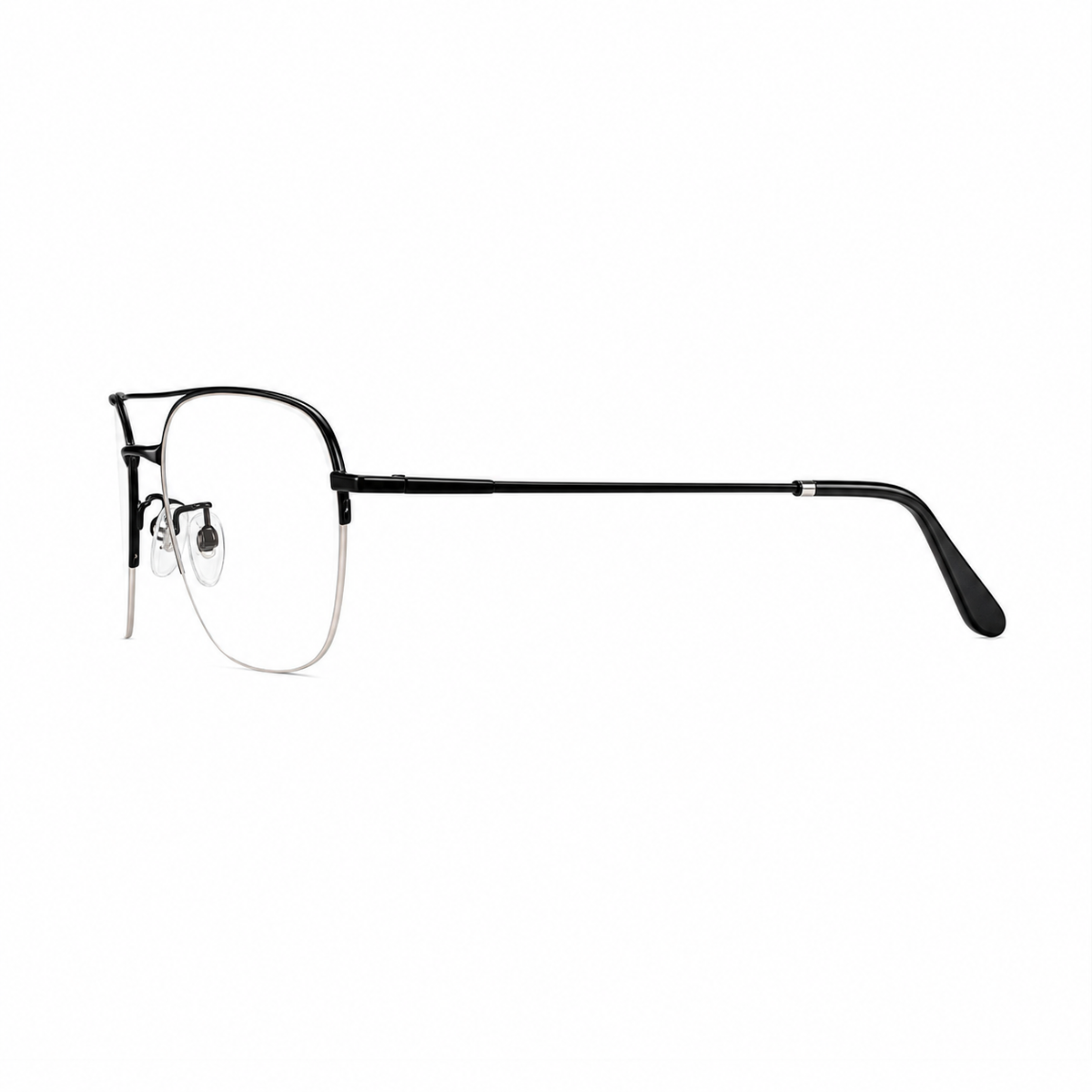 Black unisex pure titanium double-bridge semi-rimless glasses, side and temple product view