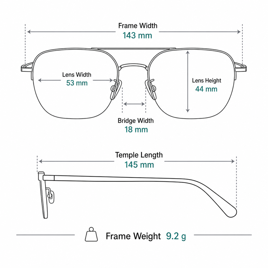 Unisex pure titanium double-bridge frame measurement guide: 143 mm width, 53 mm lenses and 9.2 g weight