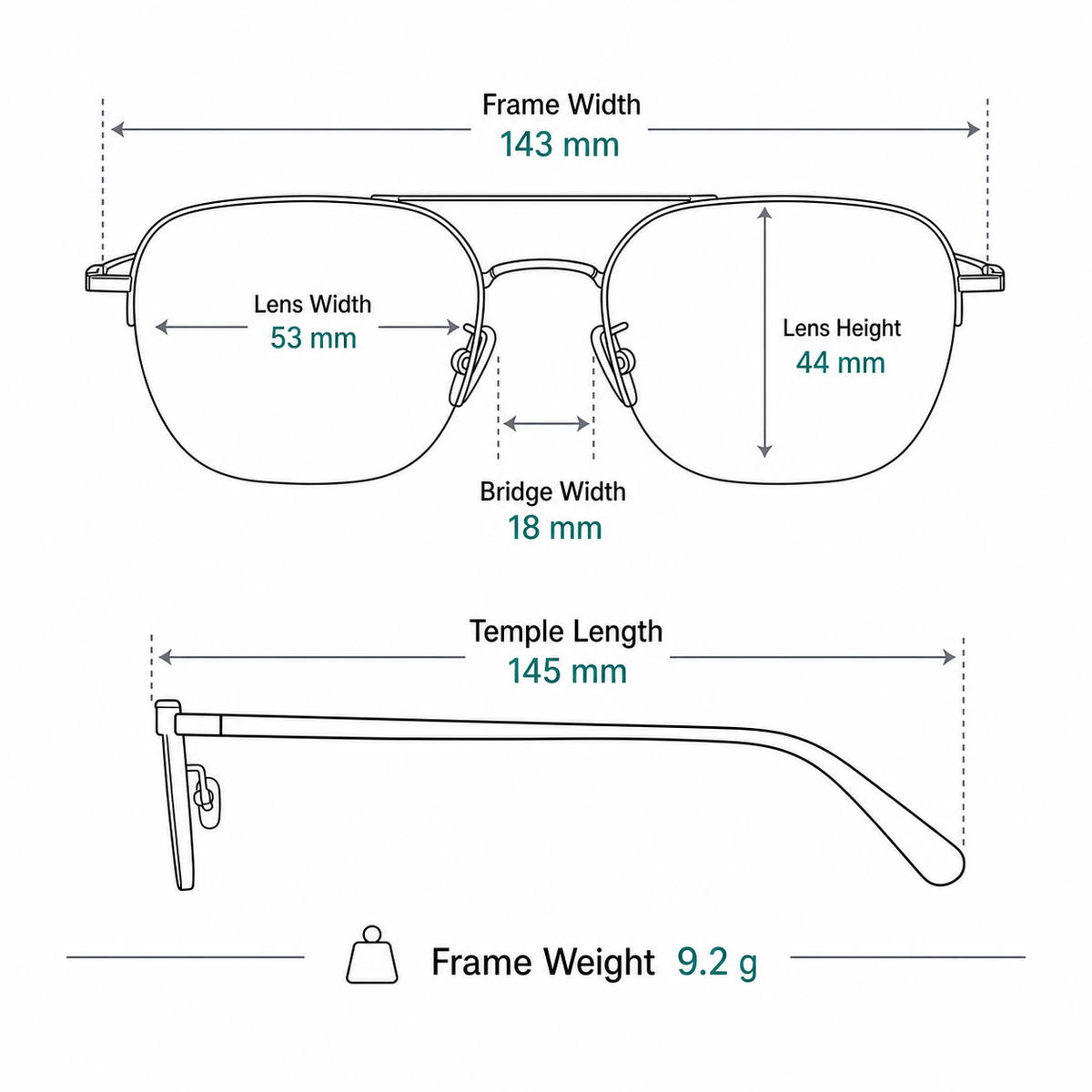 Unisex pure titanium double-bridge frame measurement guide: 143 mm width, 53 mm lenses and 9.2 g weight
