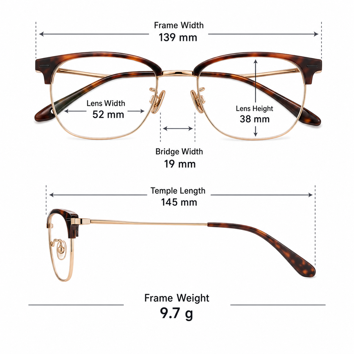 Unisex vintage TR-and-titanium semi-rimless frame measurement guide: 139 mm frame, 52 mm lens and 9.7 g weight