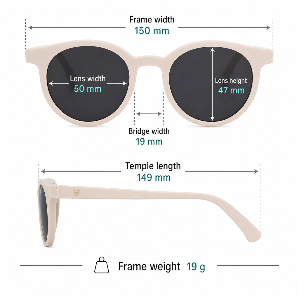 Frame measurement guide: 150 mm width, 50 mm lenses, 47 mm lens height and 19 g weight