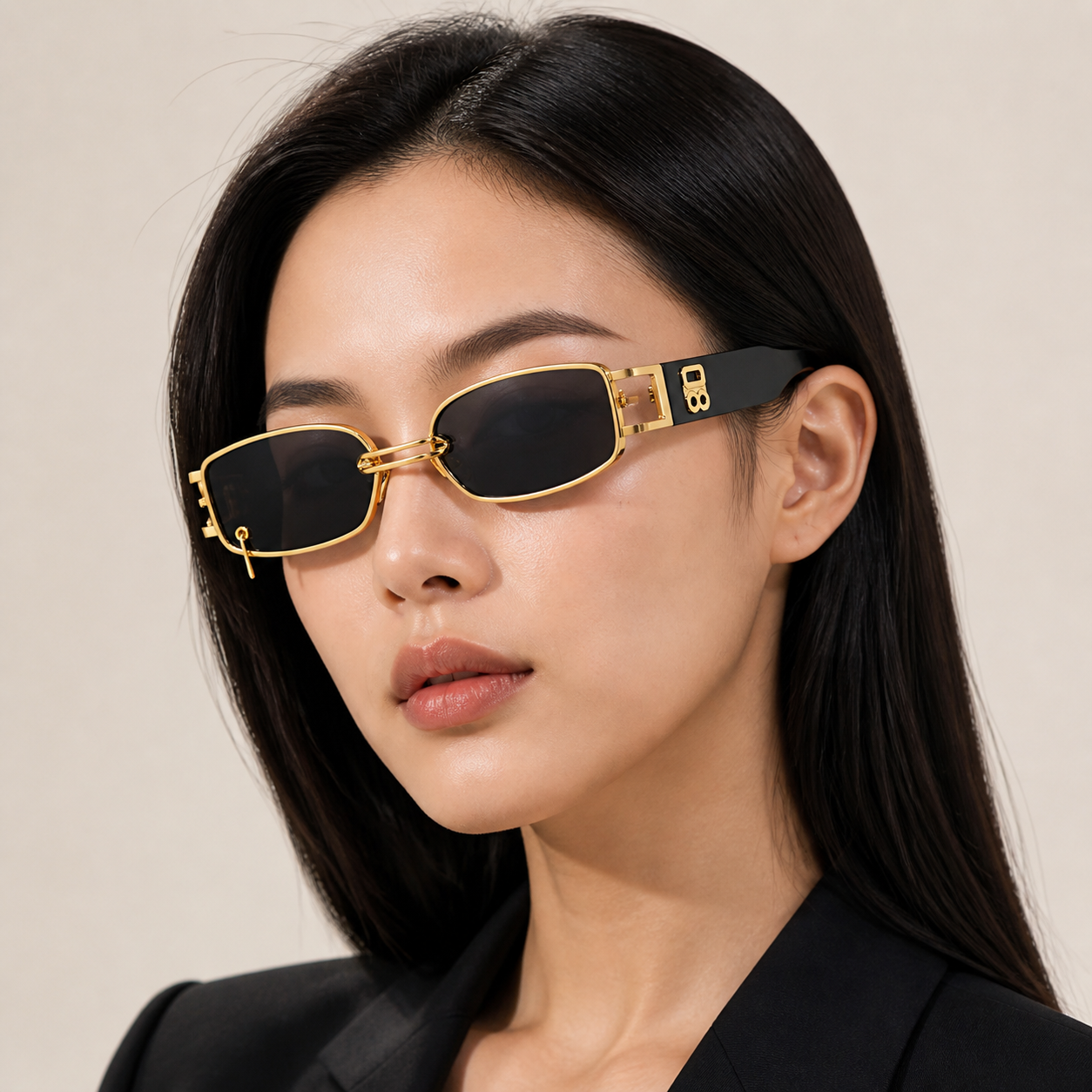 Women’s Black full-rim narrow square sunglasses, front adult model fit
