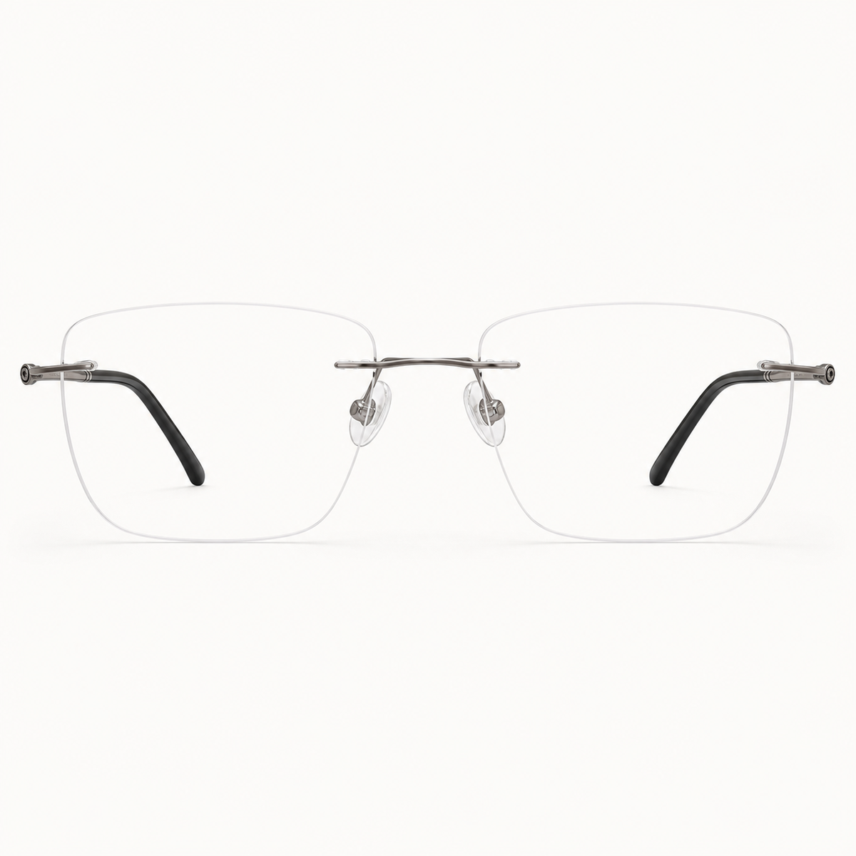 Gunmetal titanium rimless rounded-rectangle eyeglasses, straight-on product view