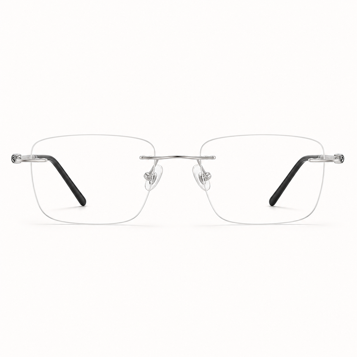 Silver titanium rimless rounded-rectangle eyeglasses, straight-on product view