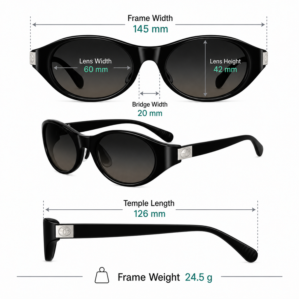 Frame measurement guide: 145 mm width, 60 mm lenses, 42 mm lens height and 24.5 g weight