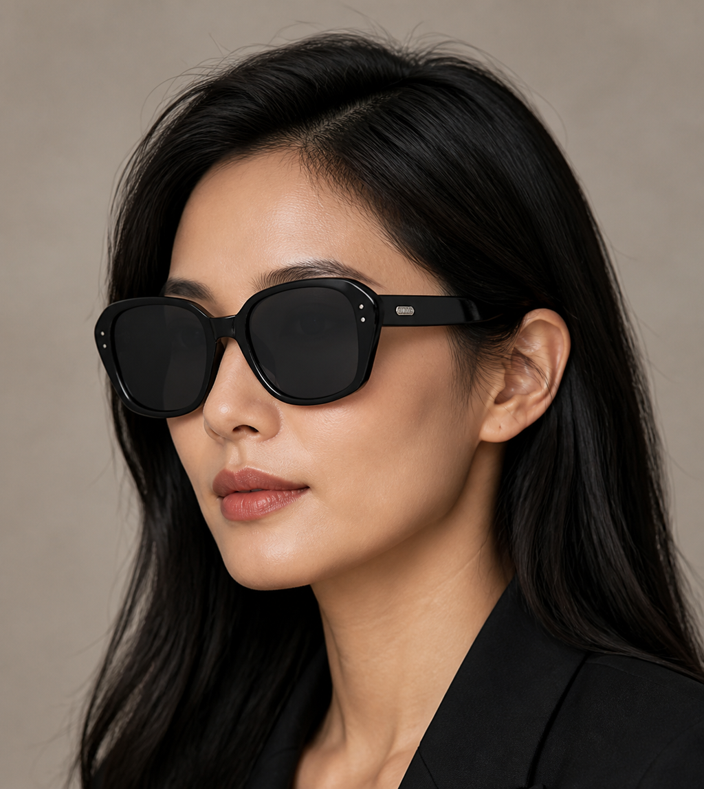 Women’s Black full-rim square sunglasses, front adult model fit