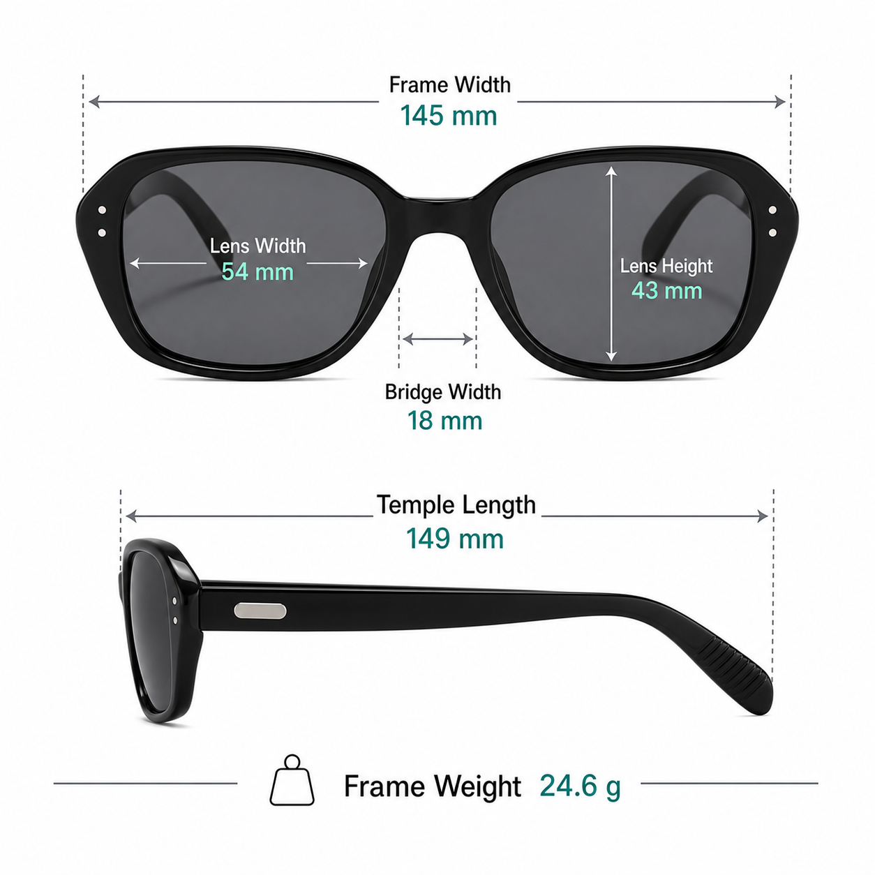 Frame measurement guide: 145 mm width, 54 mm lenses, 43 mm lens height and 24.6 g weight