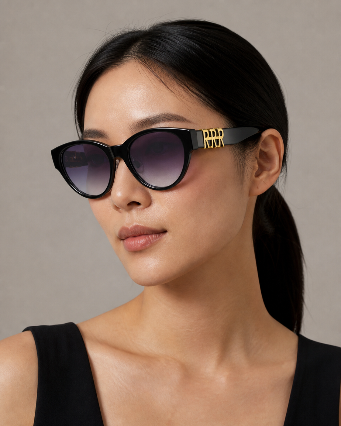 Women’s Black Plum full-rim wide cat-eye sunglasses, front adult model fit
