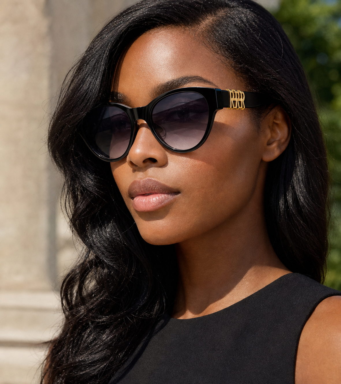 Women’s Black Plum full-rim wide cat-eye sunglasses, three-quarter adult model fit
