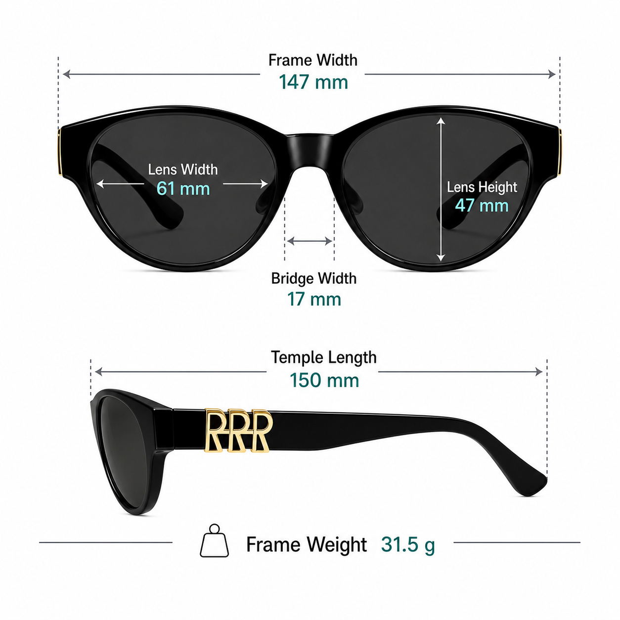 Frame measurement guide: 147 mm width, 61 mm lenses, 47 mm lens height and 31.5 g weight