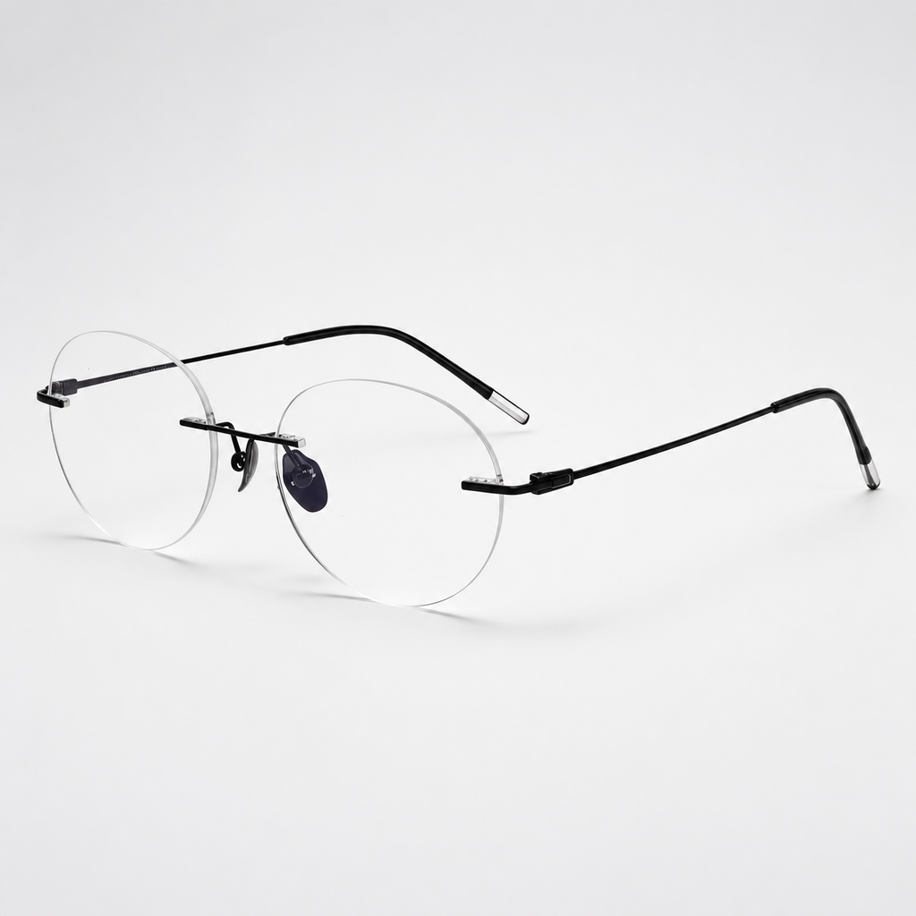 Black titanium rimless oval eyeglasses, 45-degree product view