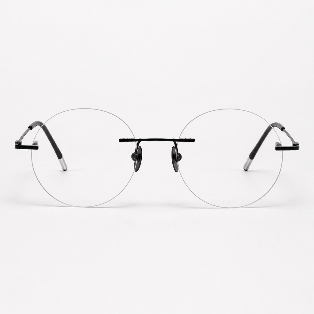 Black titanium rimless oval eyeglasses, straight-on product view