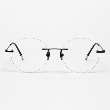 Black titanium rimless oval eyeglasses, straight-on product view