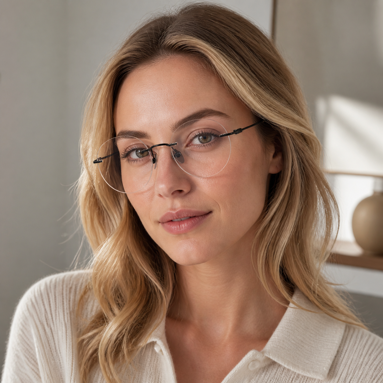 Black titanium rimless oval eyeglasses, front adult model fit