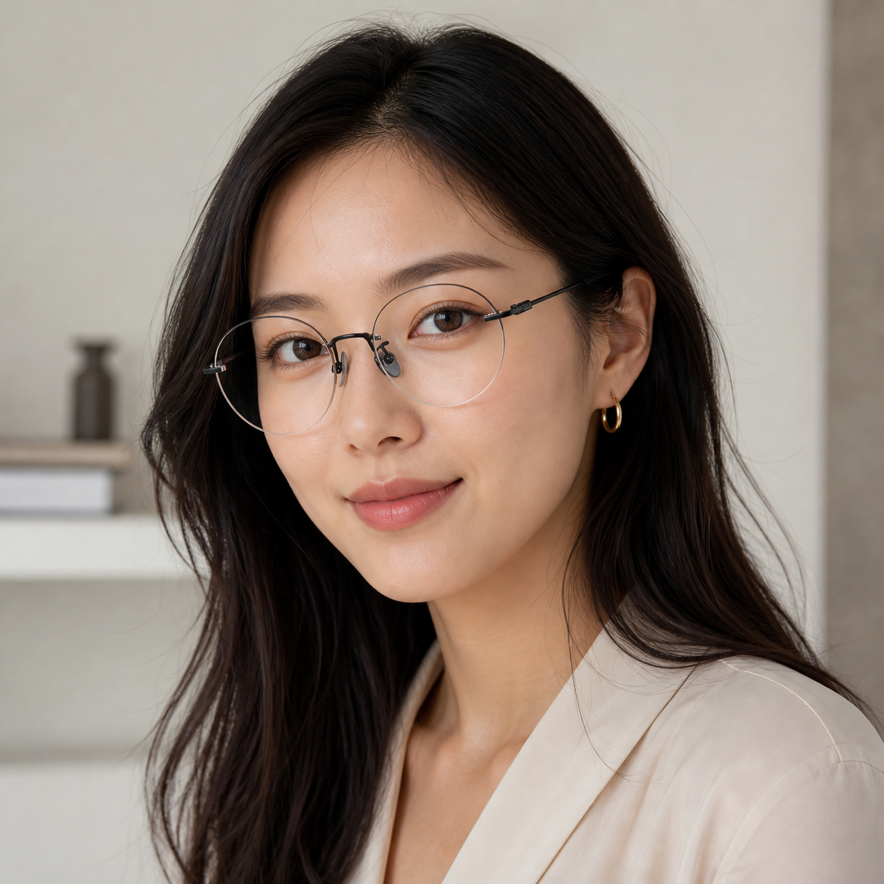 Black titanium rimless oval eyeglasses, three-quarter adult model fit