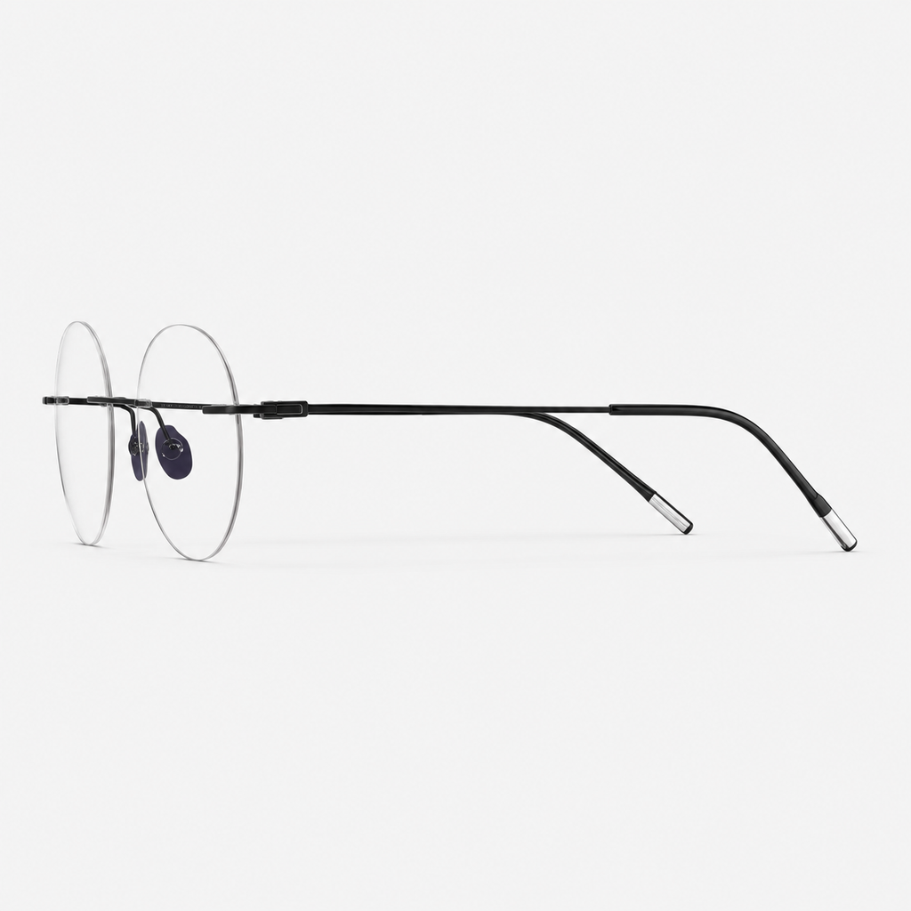 Black titanium rimless oval eyeglasses, side-profile product view