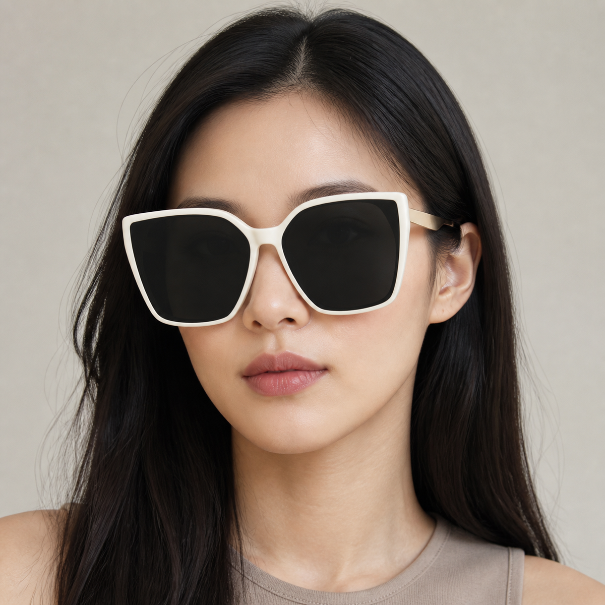 White Women's Oversized Square TR90 UV400 Sunglasses, front adult model view