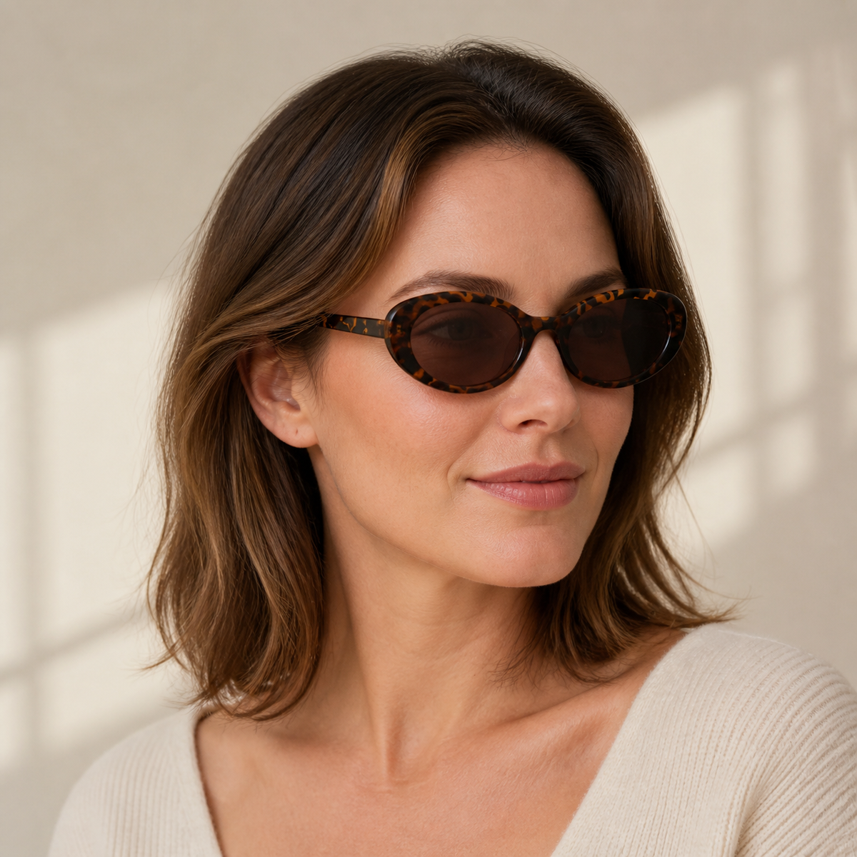 Tortoise Shell Women's Oval Cat-Eye PC UV400 Sunglasses, angled adult model view