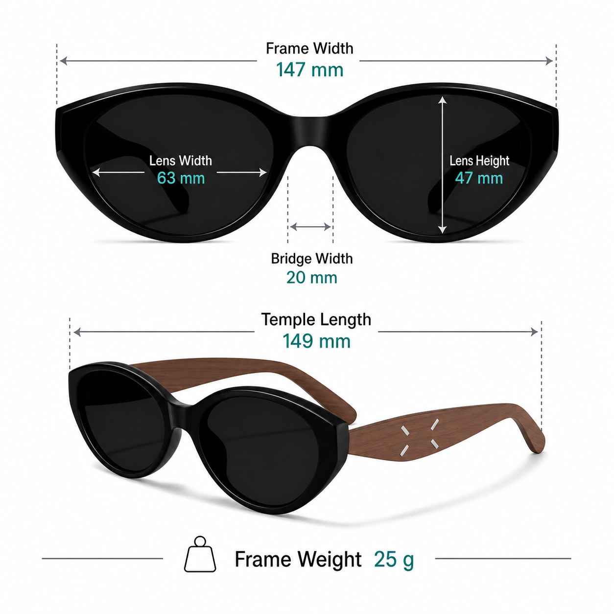 Frame measurement guide: 147 mm width, 63 mm lenses, 47 mm lens height and 25 g weight