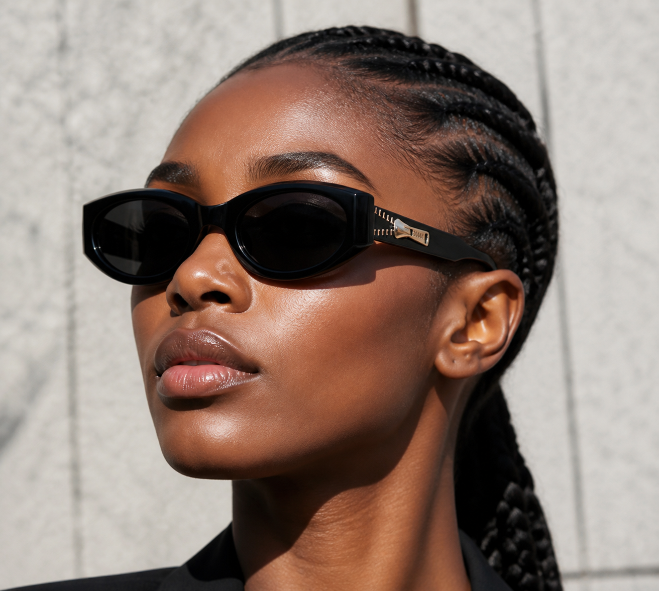 Women’s Black full-rim narrow rectangle sunglasses, three-quarter adult model fit