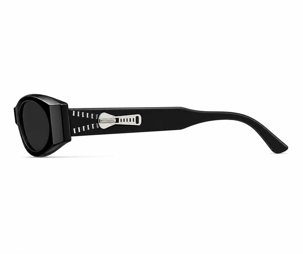 Women’s Black full-rim narrow rectangle sunglasses, side-profile product view