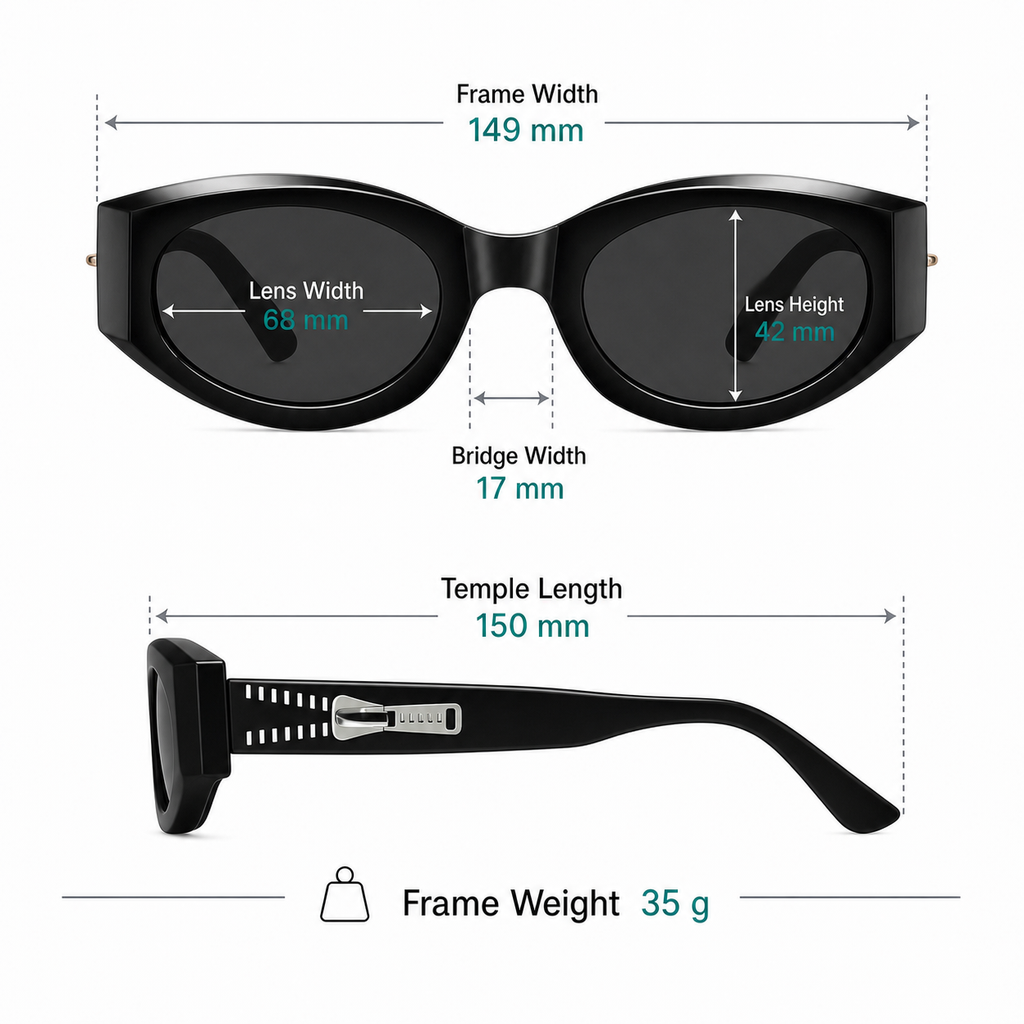 Frame measurement guide: 149 mm width, 68 mm lenses, 42 mm lens height and 35 g weight