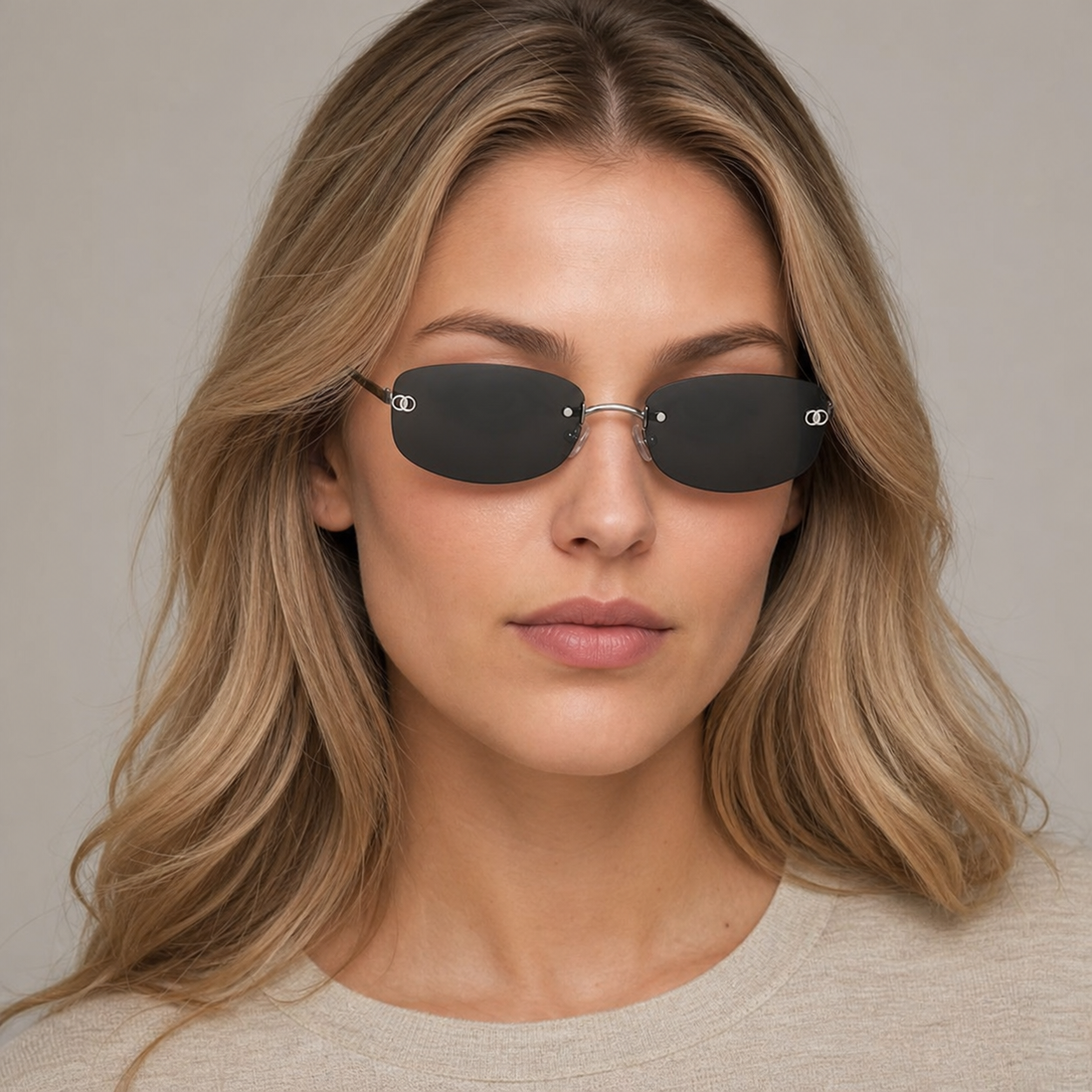 Black Women's Rimless Alloy Y2K Sunglasses, front adult model view