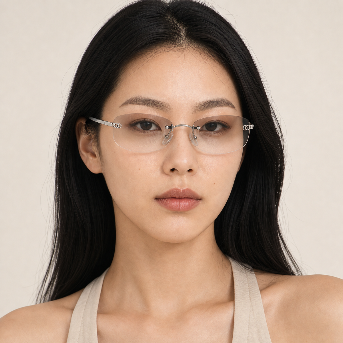 Silver Women's Rimless Alloy Y2K Sunglasses, front adult model view