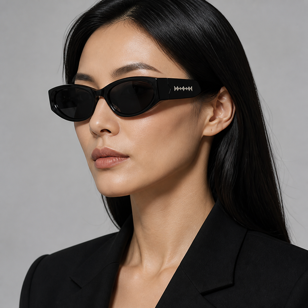 Women’s Glossy Black full-rim angular rectangle sunglasses, front adult model fit