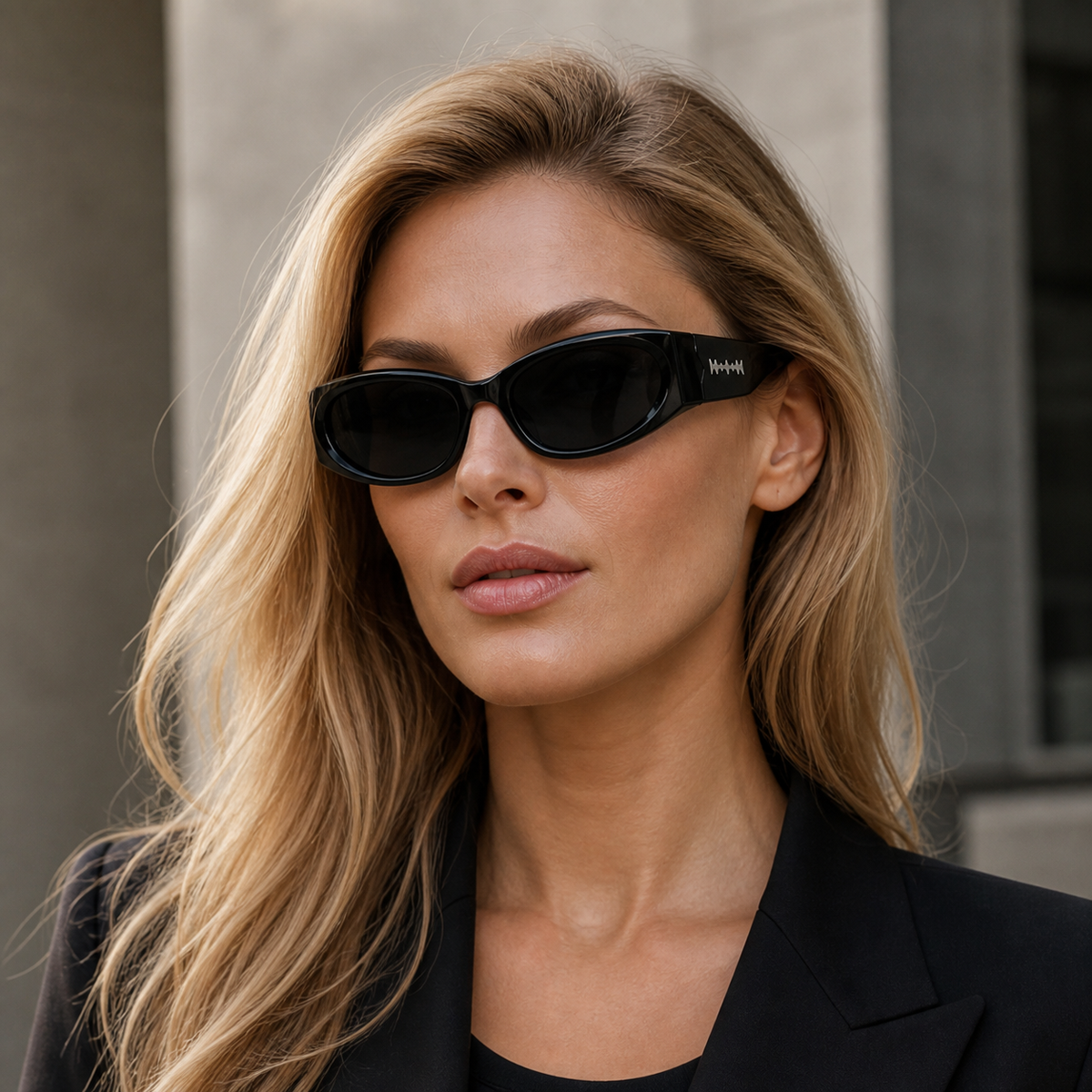 Women’s Glossy Black full-rim angular rectangle sunglasses, three-quarter adult model fit