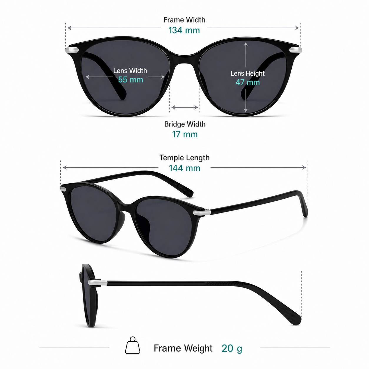 Frame measurement guide: 134 mm width, 55 mm lenses, 47 mm lens height and 20 g weight