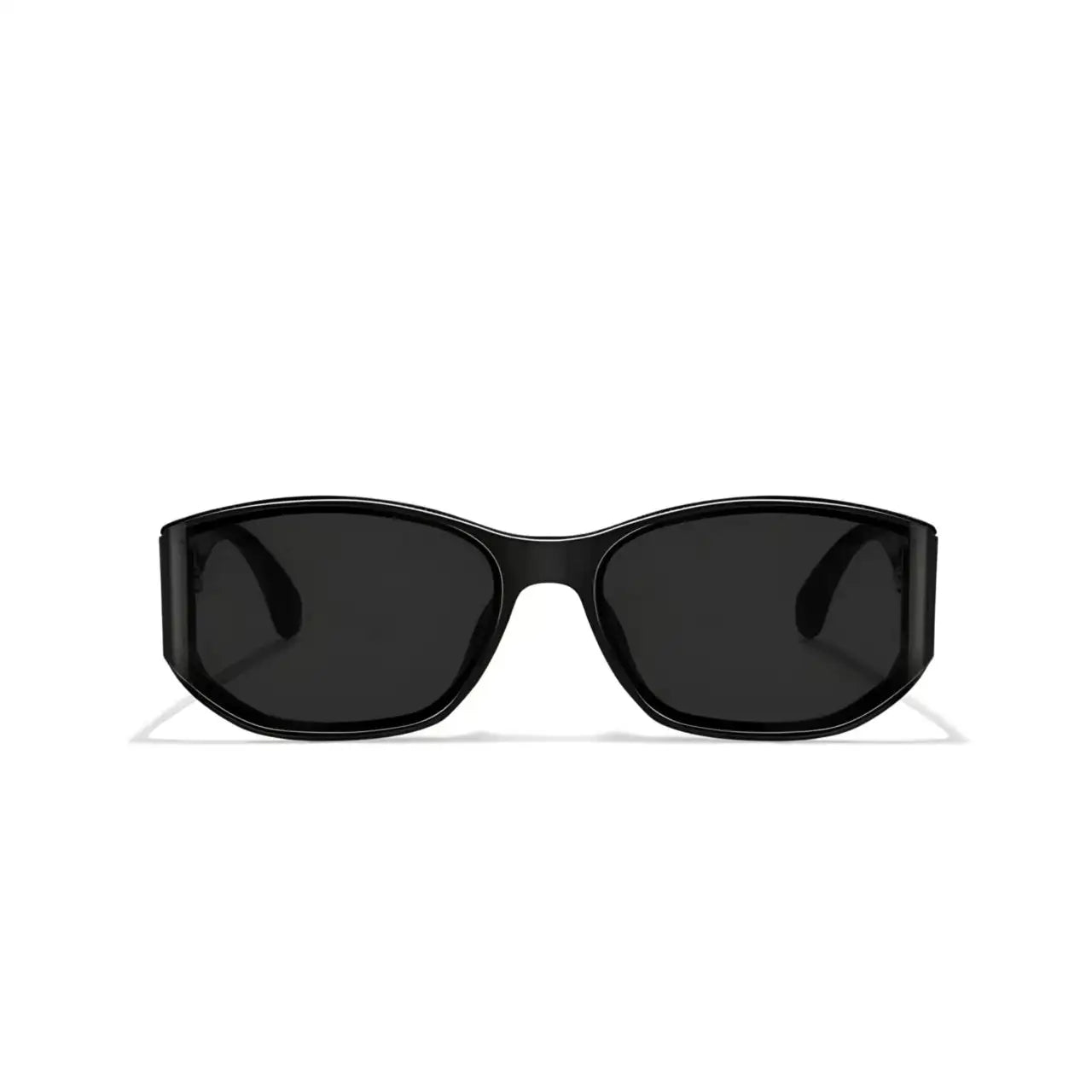Women’s Black full-rim curved shield sunglasses, straight-on product view