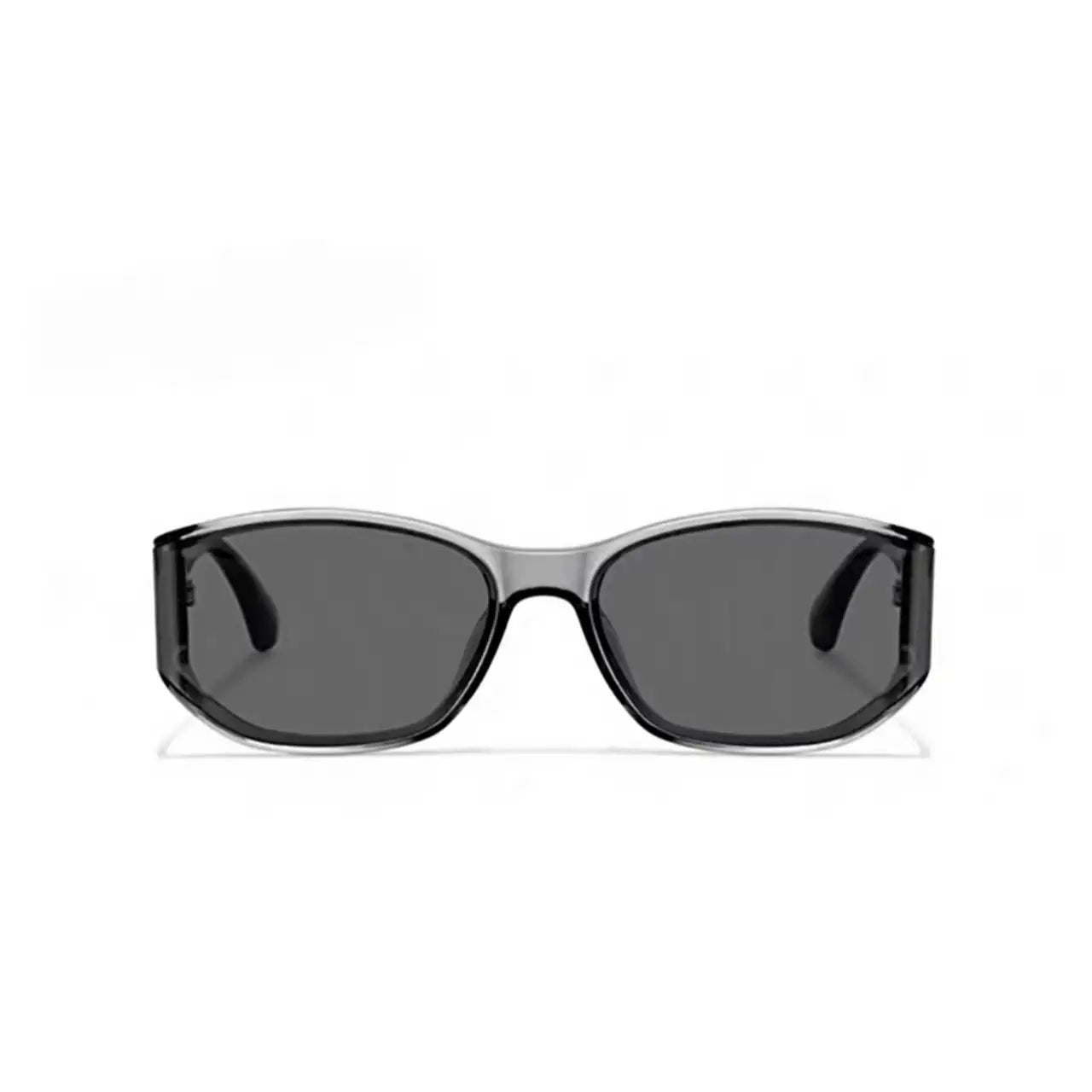 Women’s Gray full-rim curved shield sunglasses, straight-on product view