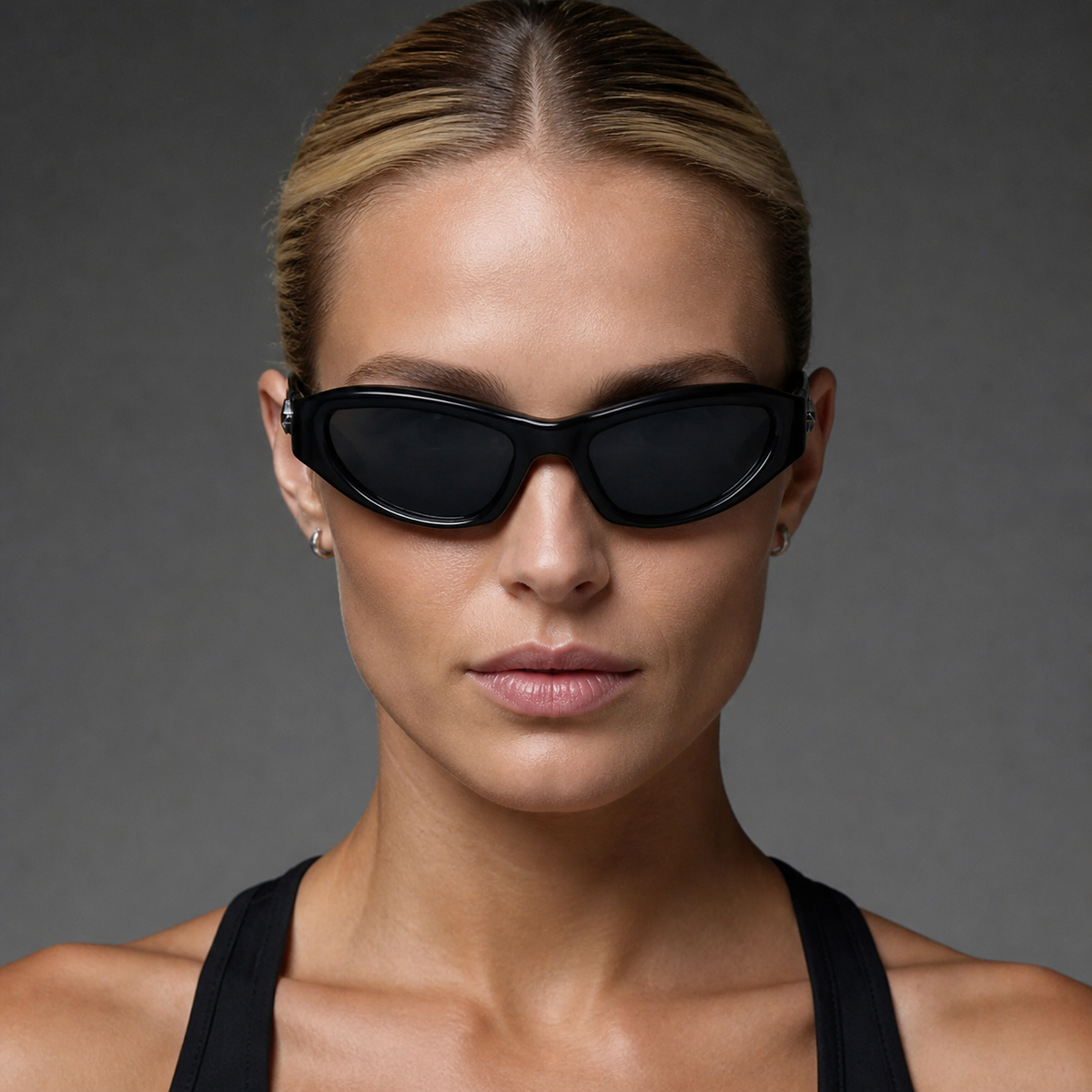 Black Women's Y2K Wraparound Sports Sunglasses, front adult model view