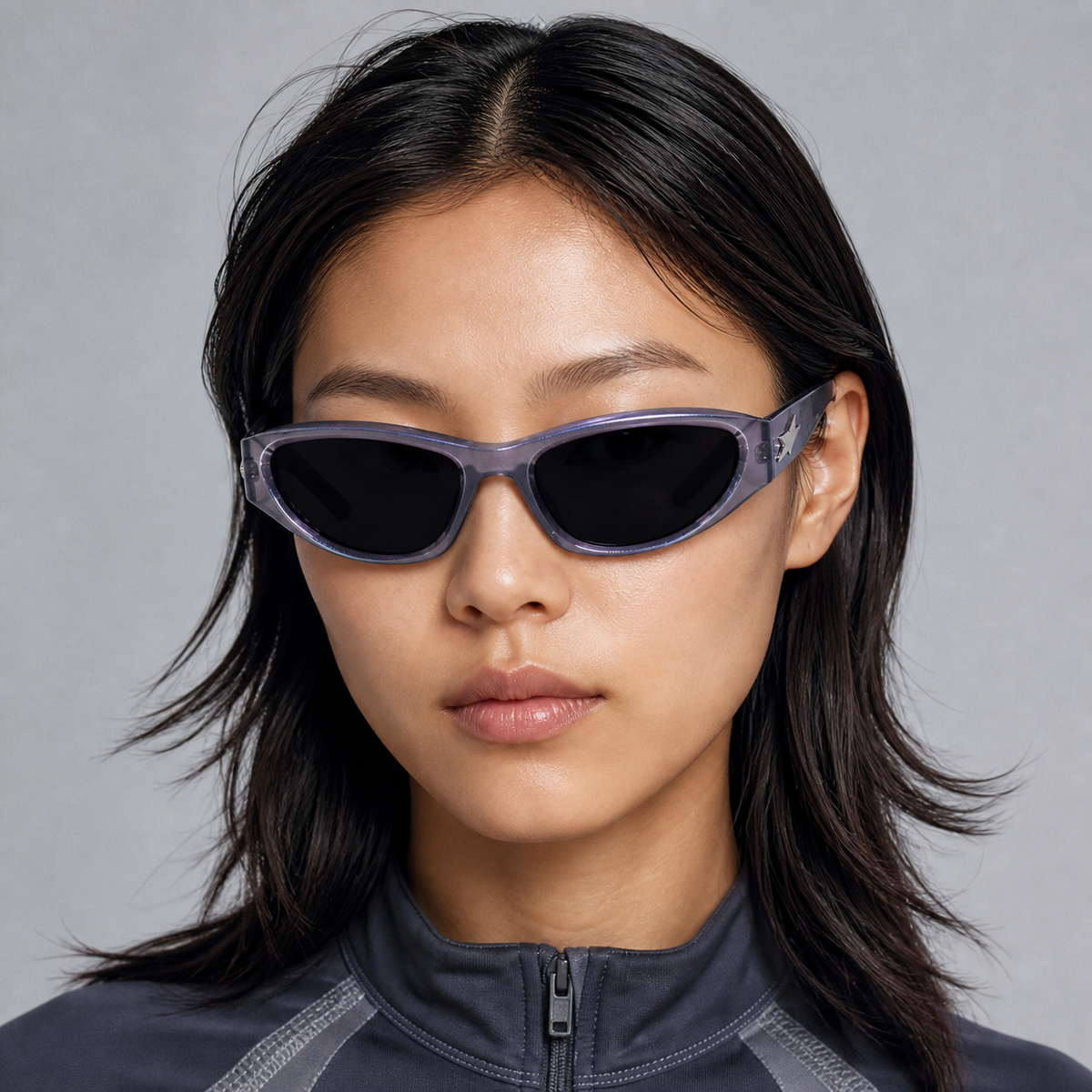 Lavender Women's Y2K Wraparound Sports Sunglasses, front adult model view