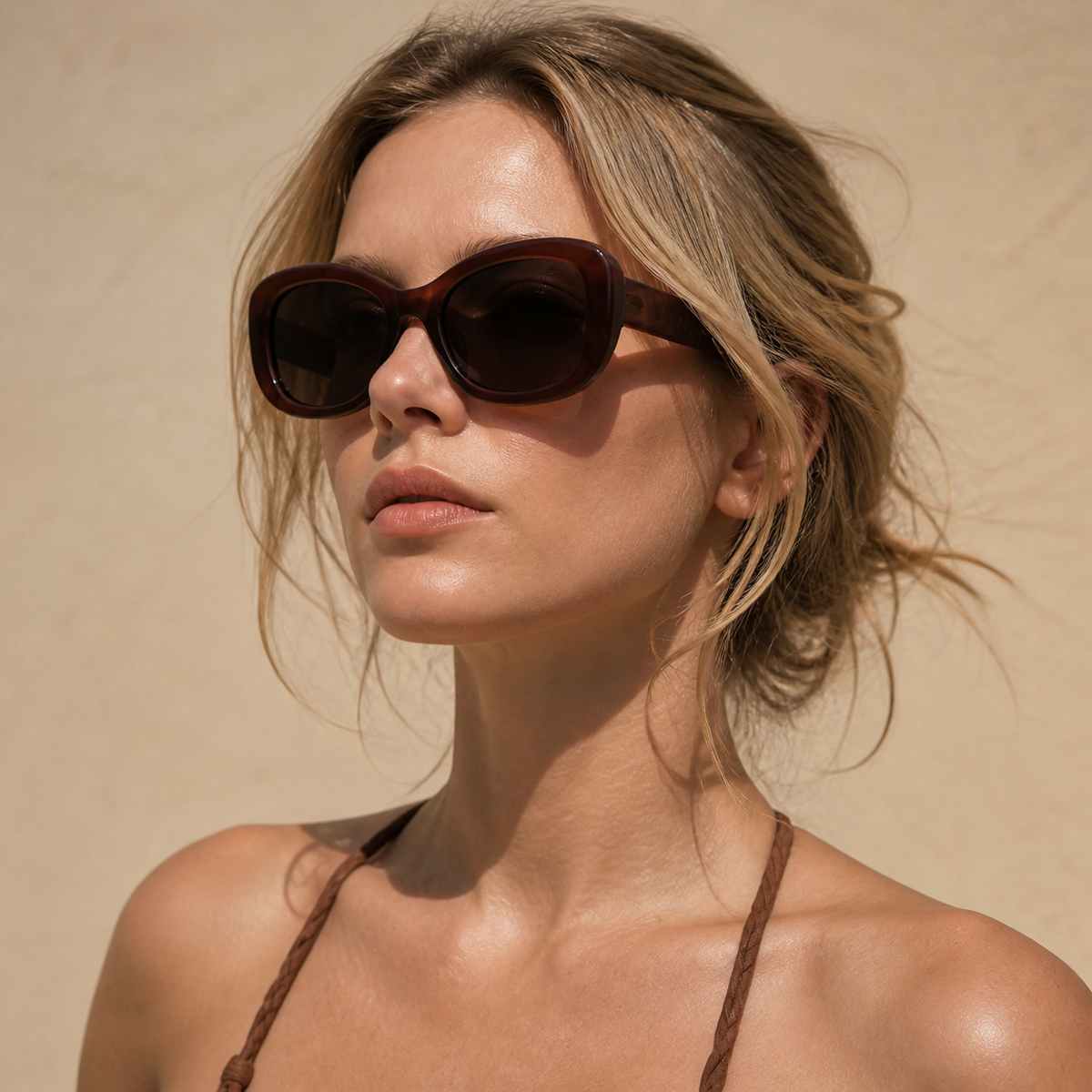 Mocha Brown Women's Oversized Cat-Eye TR90 UV400 Sunglasses, angled adult model view