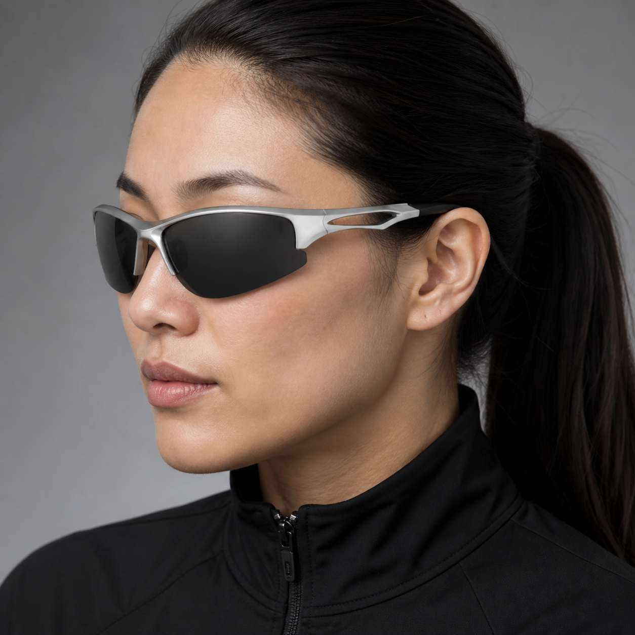 Silver Women's Wraparound UV400 Sports Sunglasses, angled adult model view