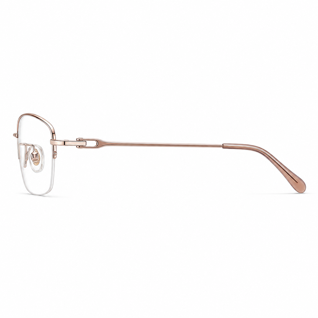 Rose Gold women's titanium semi-rimless glasses, side and temple product view