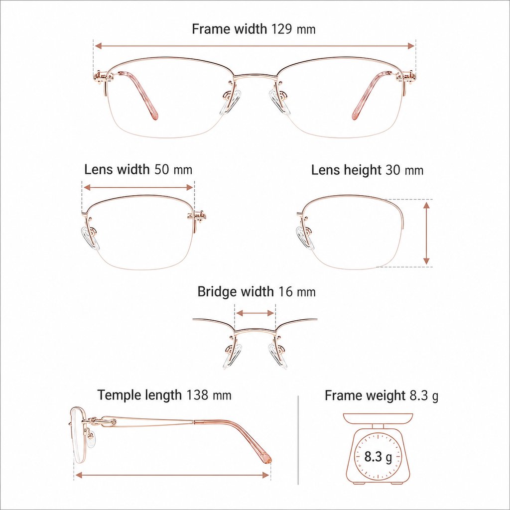 Women's elegant alloy semi-rimless frame measurement guide: 129 mm frame, 50 mm lens and 8.3 g weight