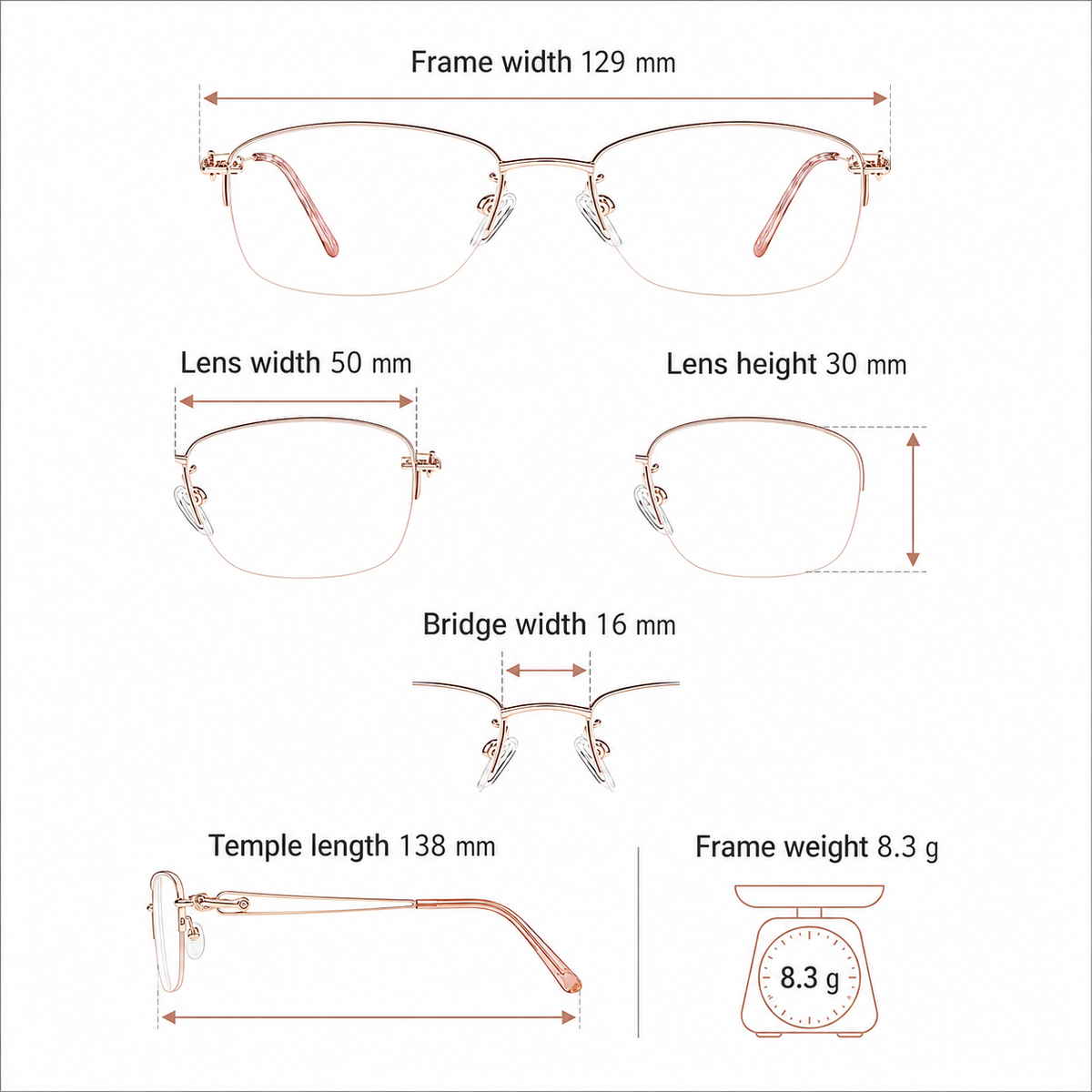 Women's elegant alloy semi-rimless frame measurement guide: 129 mm frame, 50 mm lens and 8.3 g weight