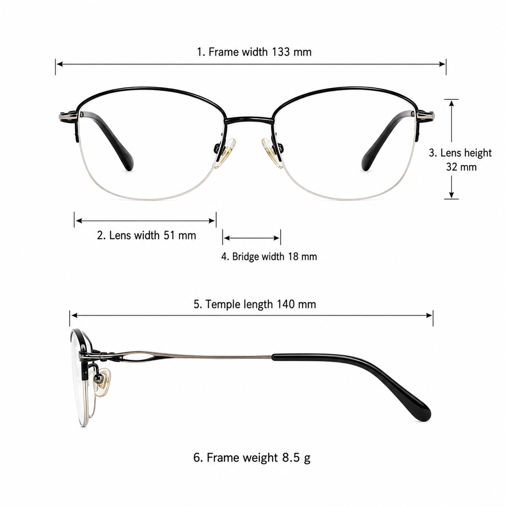 Women's elegant semi-rimless frame measurement guide: 133 mm frame, 51 mm lens and 8.5 g weight