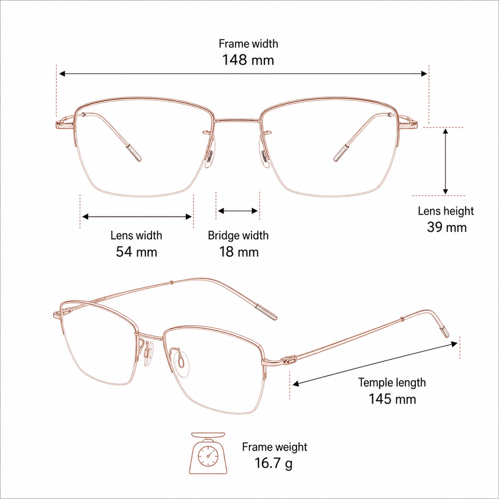 Women's minimalist titanium semi-rimless frame measurement guide: 148 mm frame, 54 mm lens and 16.7 g weight
