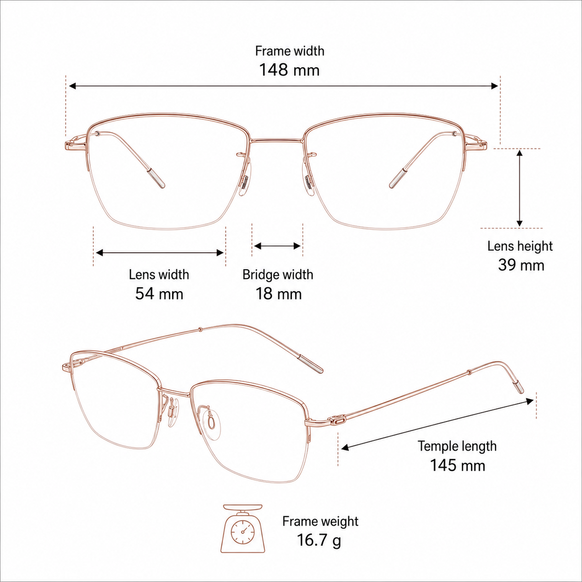 Women's minimalist titanium semi-rimless frame measurement guide: 148 mm frame, 54 mm lens and 16.7 g weight