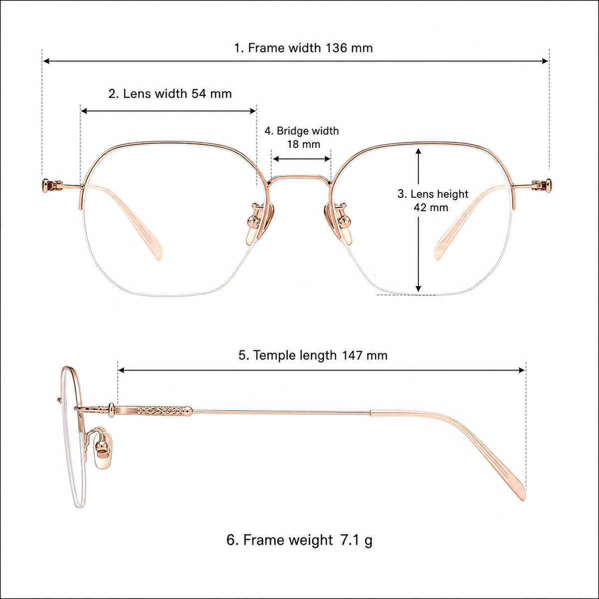 Women's modern pure titanium semi-rimless frame measurement guide: 136 mm frame, 54 mm lens and 7.1 g weight